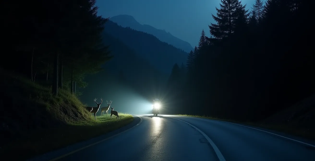 Adaptives Kurvenlicht erhellt eine kurvige Waldstrasse bei Nacht, während am Strassenrand Wildtiere sichtbar werden