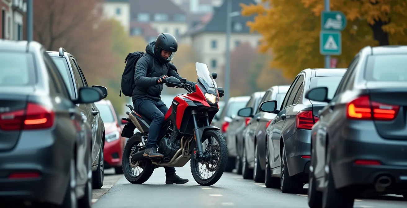 Grosses Adventure-Motorrad im engen Stadtparkplatz zwischen Kleinwagen