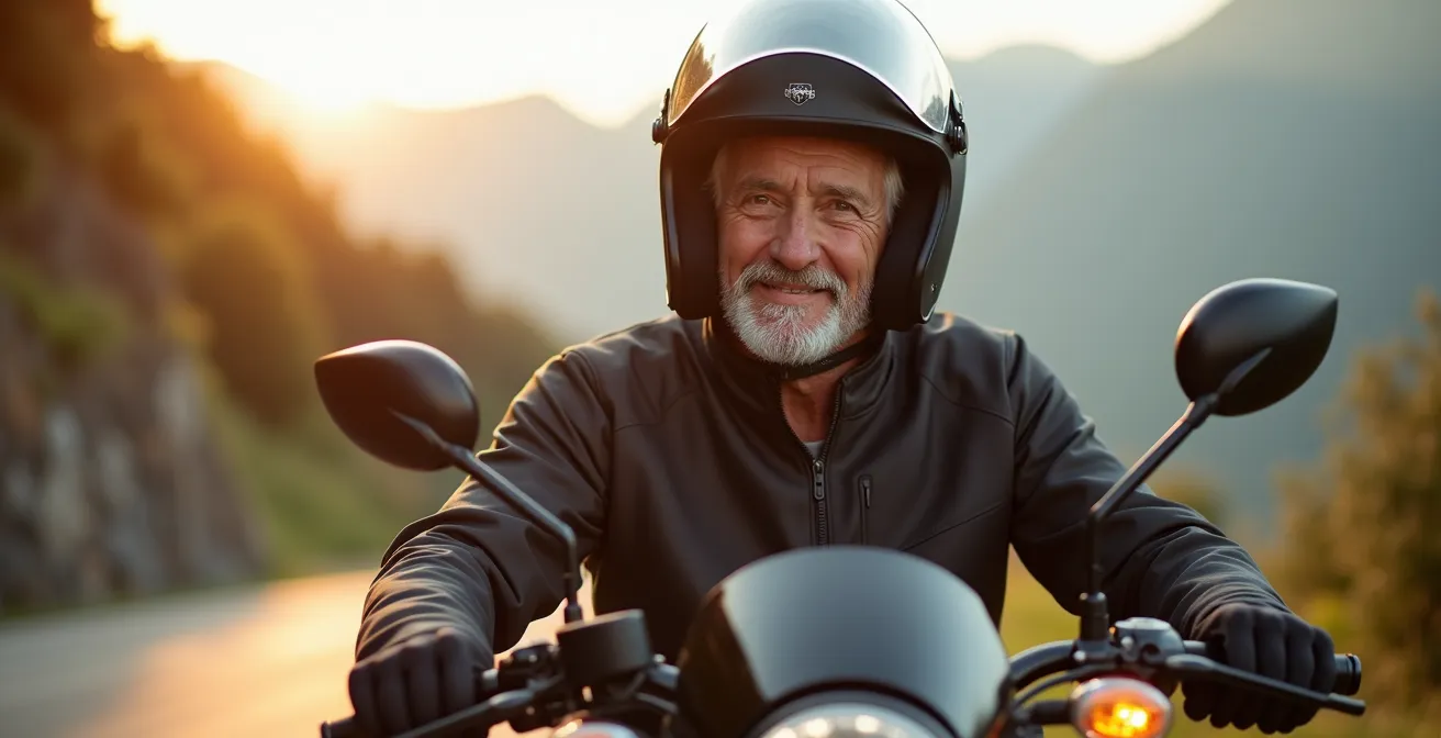 Verschiedene Generationen von Motorradfahrern mit modernen Sicherheitssystemen