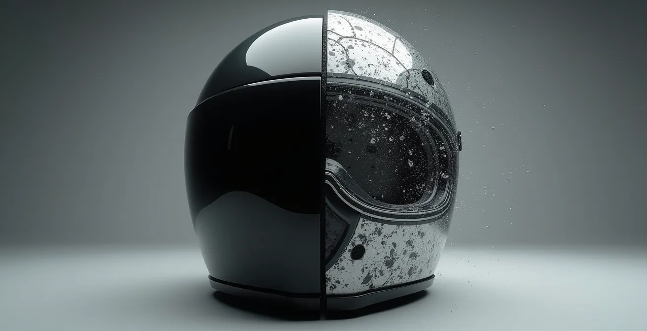 Querschnitt eines Motorradhelms zeigt unsichtbare Materialermüdung