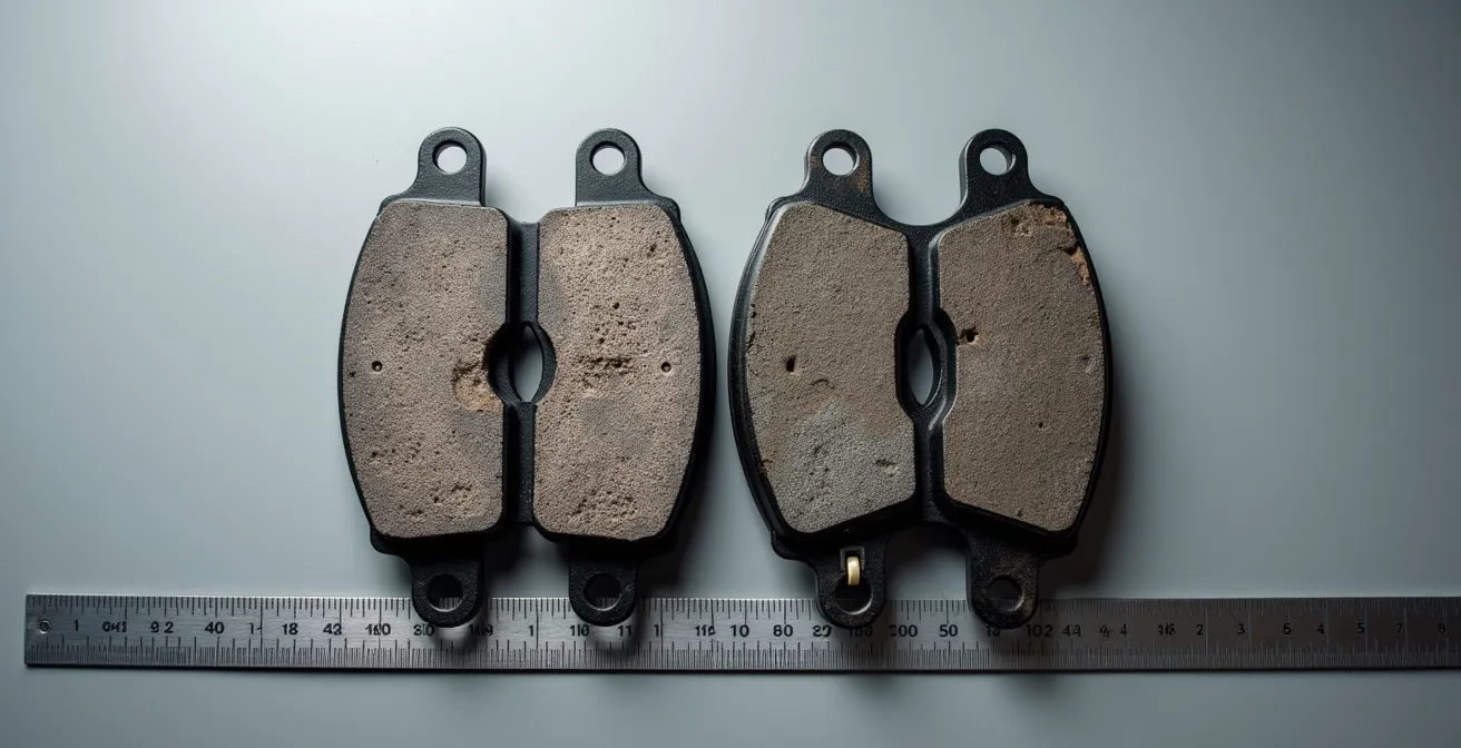 Vergleich neuer und abgenutzter Bremsbeläge mit sichtbarer Verschleissgrenze