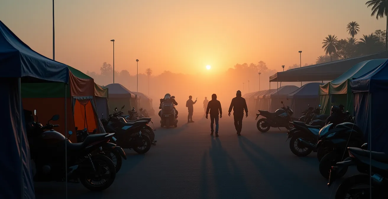 Zeltplatz mit Motorrädern im Vordergrund, Rennstrecke im morgendlichen Dunst