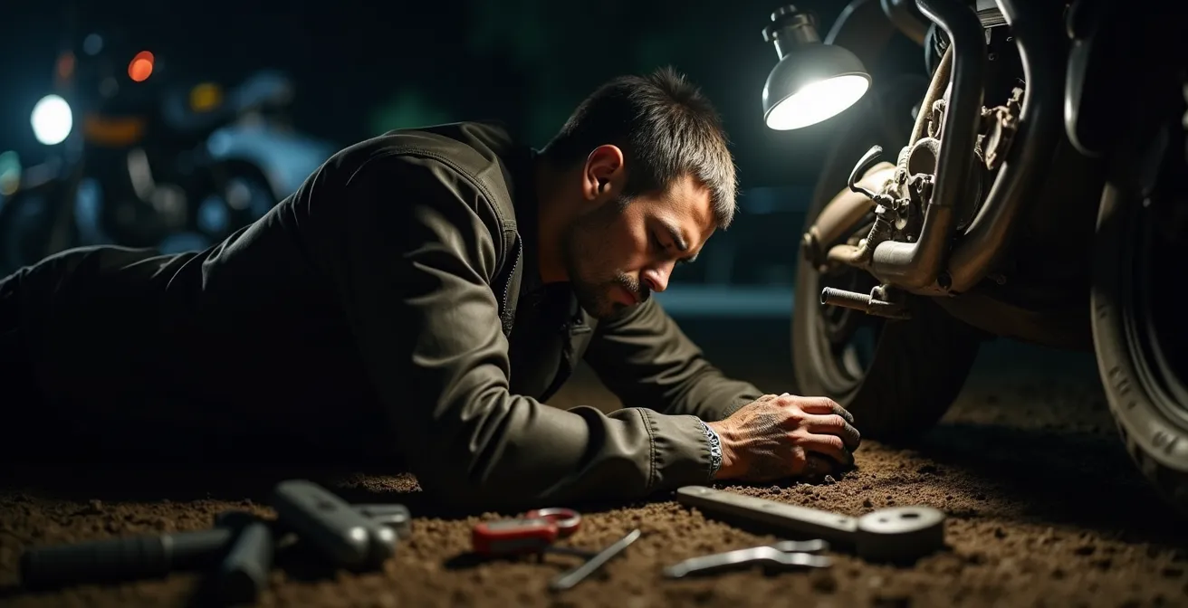 Erschöpfter Fahrer repariert nachts sein Motorrad im Dakar-Biwak