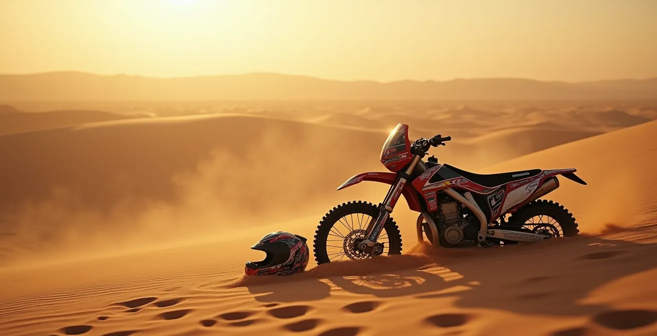 Gestürztes Motorrad in endloser Wüste verdeutlicht die Gefahr