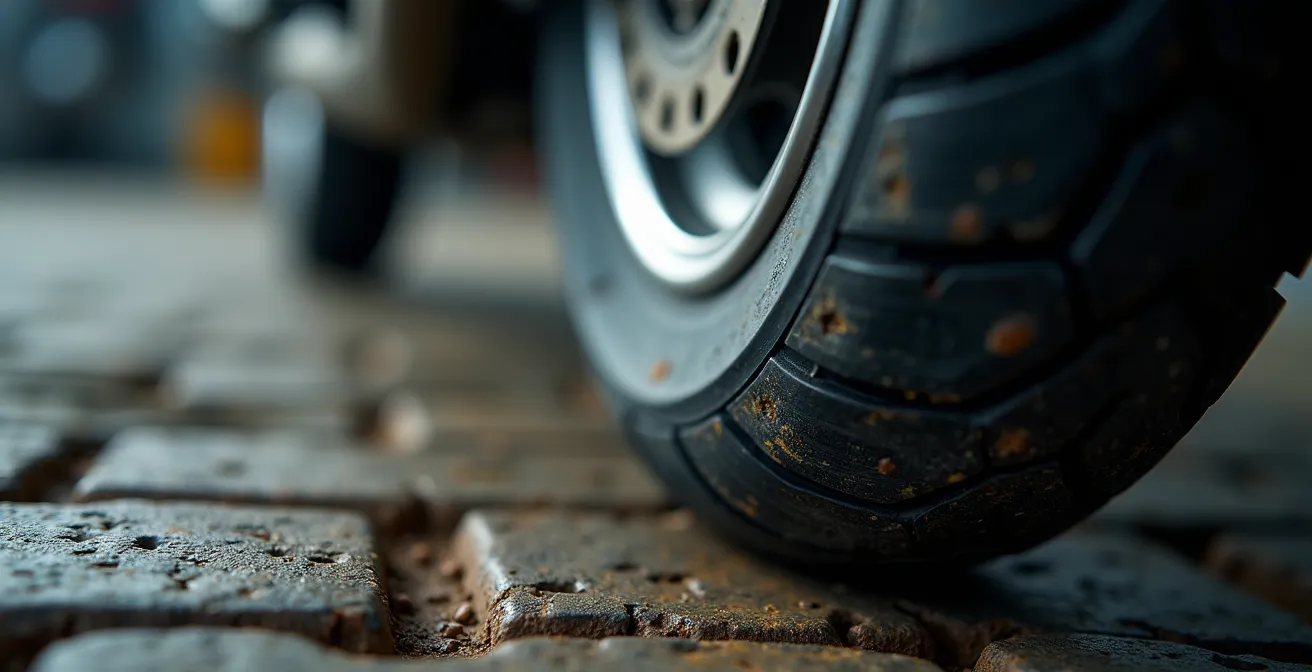 Nahaufnahme von feinen Rissen an der Reifenbasis zwischen Profilblöcken