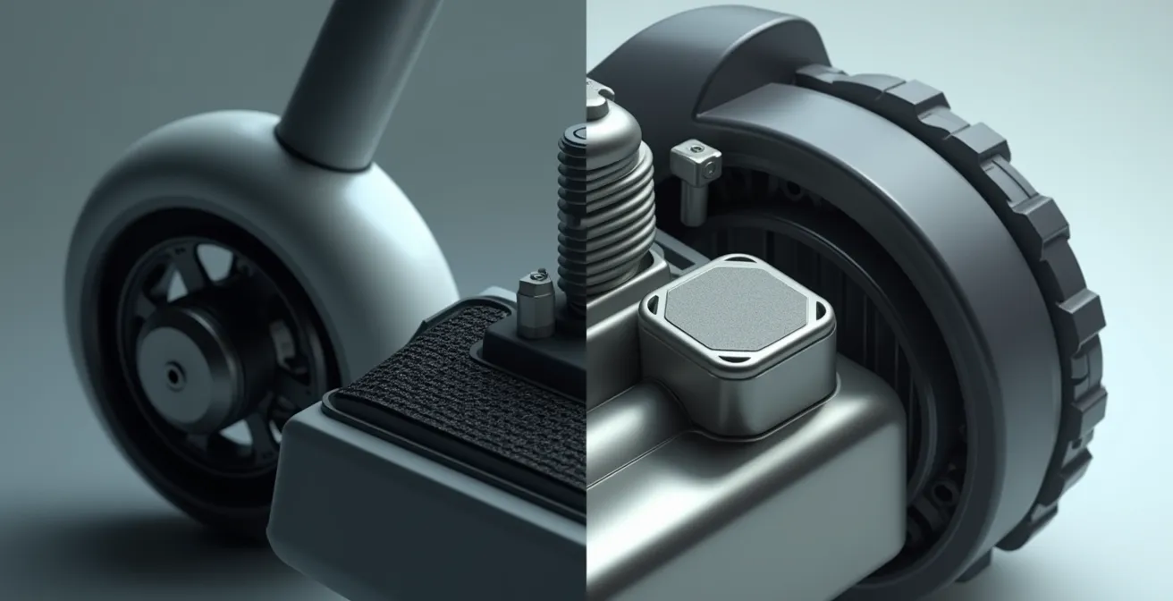 Detailaufnahme von Elektro- und Benzinroller-Komponenten im direkten Vergleich