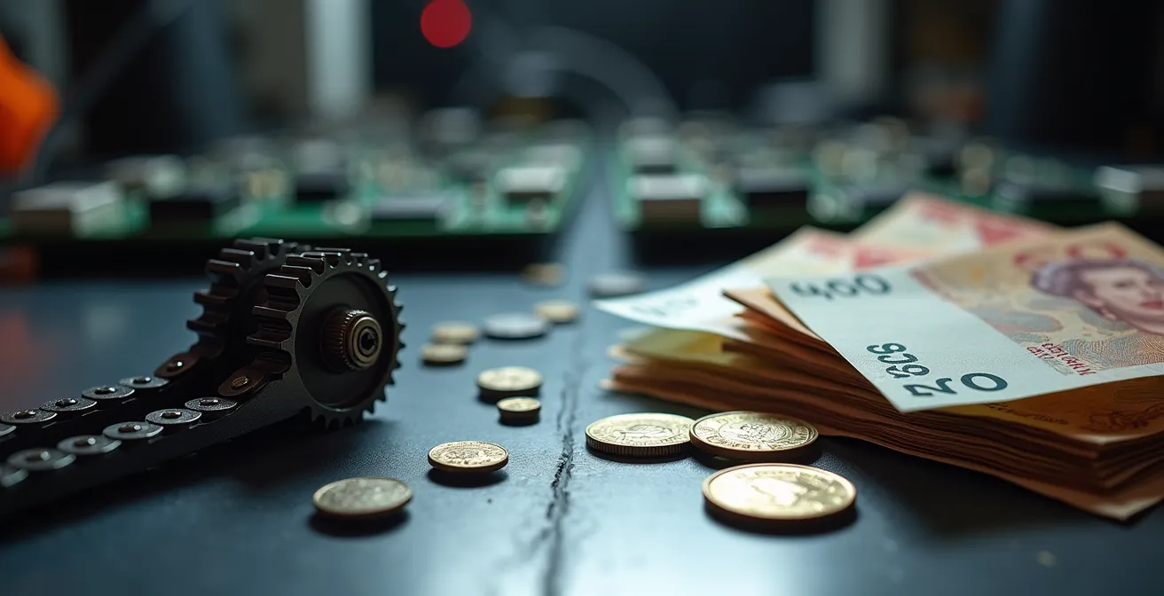 Visueller Vergleich von Reparaturkosten: einfache mechanische Motorradteile mit wenigen Münzen neben komplexen elektronischen Platinen mit hohen Stapeln von Geldscheinen.