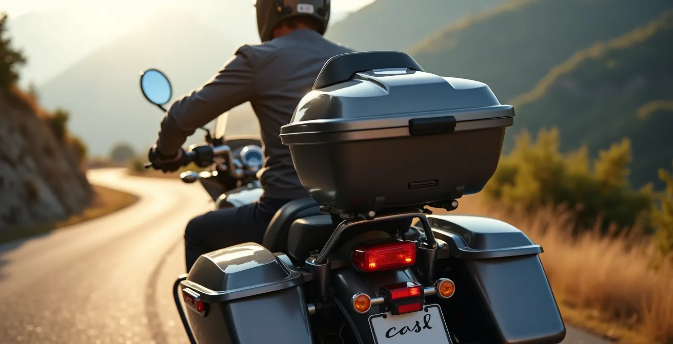 Motorrad mit optimal montiertem Gepäcksystem aus der Vogelperspektive