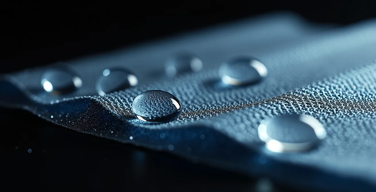 Makroaufnahme von Wassertropfen auf verschiedenen Membranoberflächen beim Motorradfahren