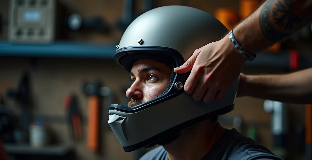 Sicherheitstest eines Motorradhelms beim Abziehversuch