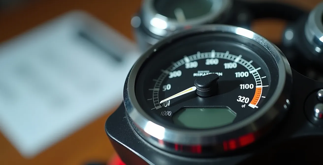 Detaillierte Nahaufnahme eines Kilometerzählers mit verschwommenem Versicherungsdokument
