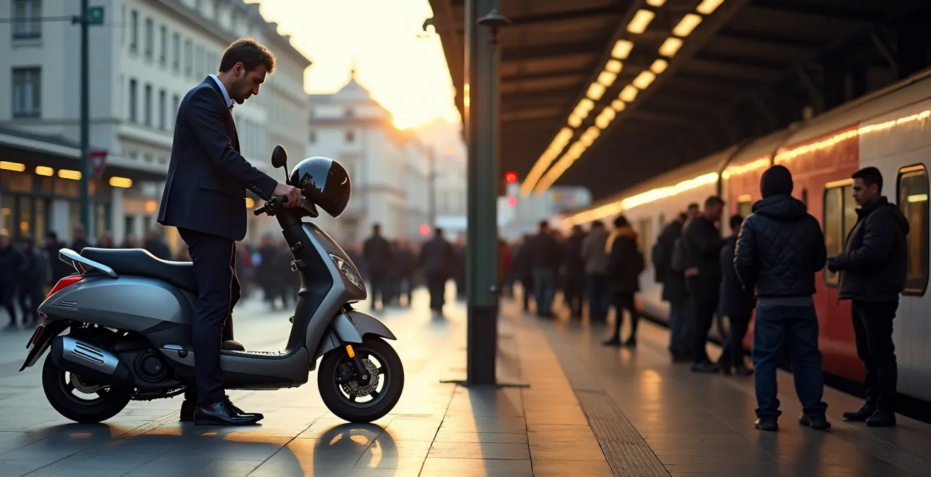 Split-Screen Darstellung Roller parkend in Zürich versus SBB Bahnhof Menschenmenge