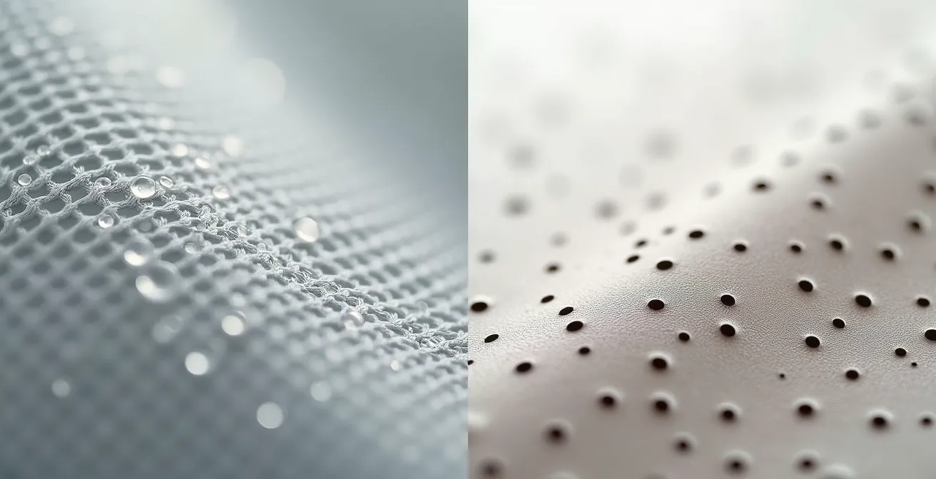 Nahaufnahme von Mesh-Textil und perforiertem Leder nebeneinander, die den Unterschied in der Luftdurchlässigkeit zeigen