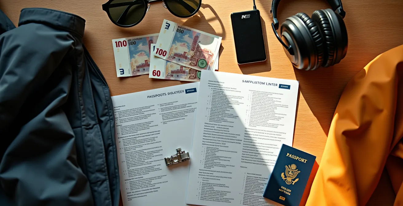 Übersichtlich arrangierte Reiseausrüstung für MotoGP-Besuch auf Holztisch