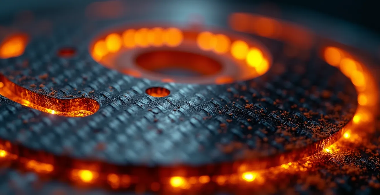 Makroaufnahme einer glühenden Carbon-Bremsscheibe mit sichtbaren Kühlkanälen
