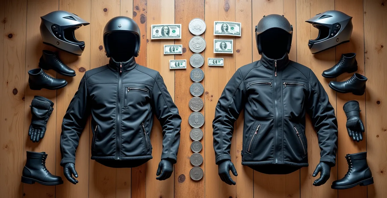 Zwei Motorradausrüstungs-Sets nebeneinander aufgereiht auf Holzboden