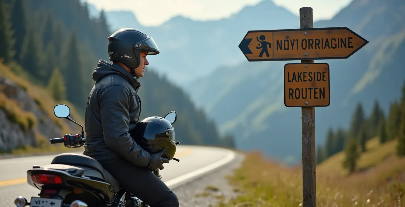 Motorradfahrer betrachtet nachdenklich einen Wegweiser auf einer Schweizer Passstrasse, ein Symbol für die Entscheidung zwischen verschiedenen Motorcharakteren.