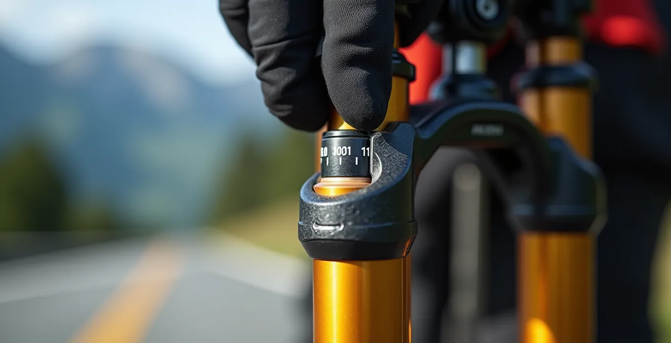 Detailaufnahme der Fahrwerkseinstellung am Motorrad mit Werkzeug