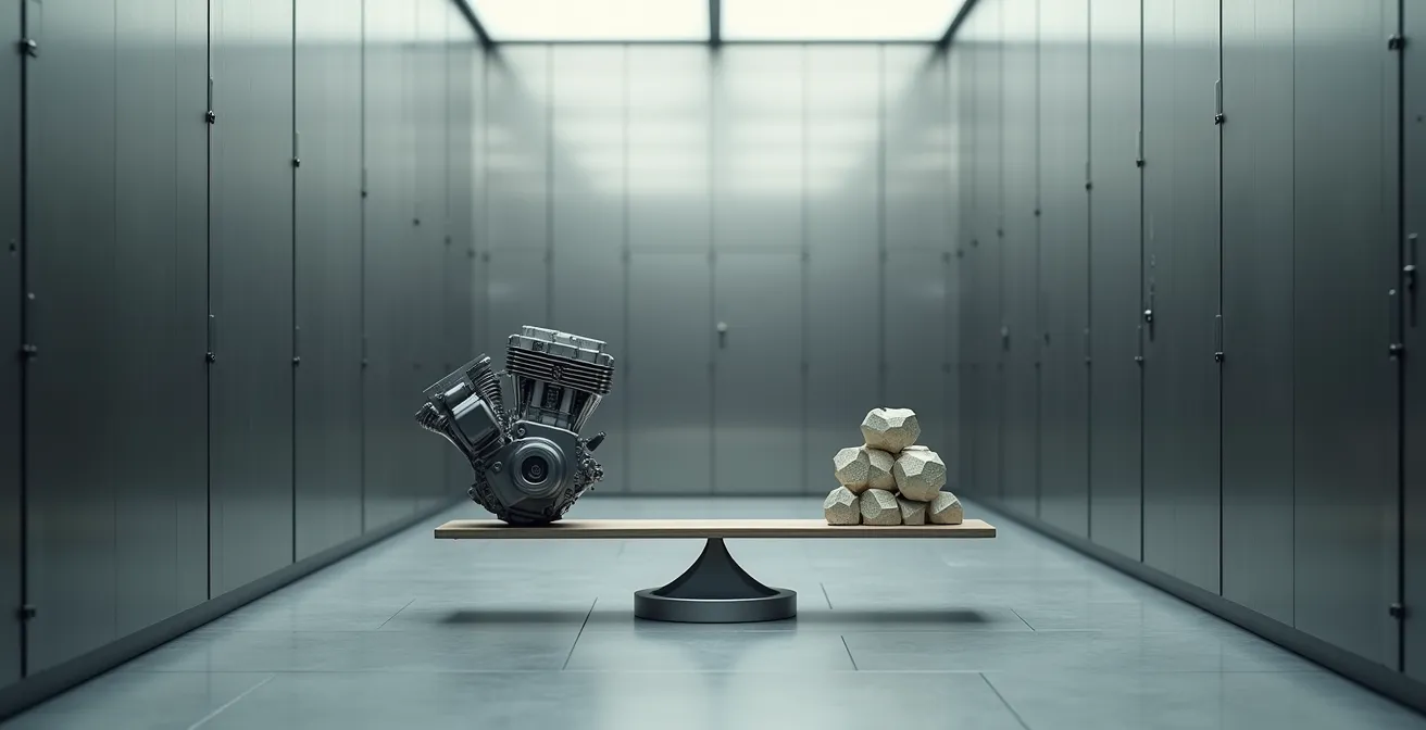 Kostenvergleich Garantieverlängerung visualisiert durch Waage mit Motorradteilen