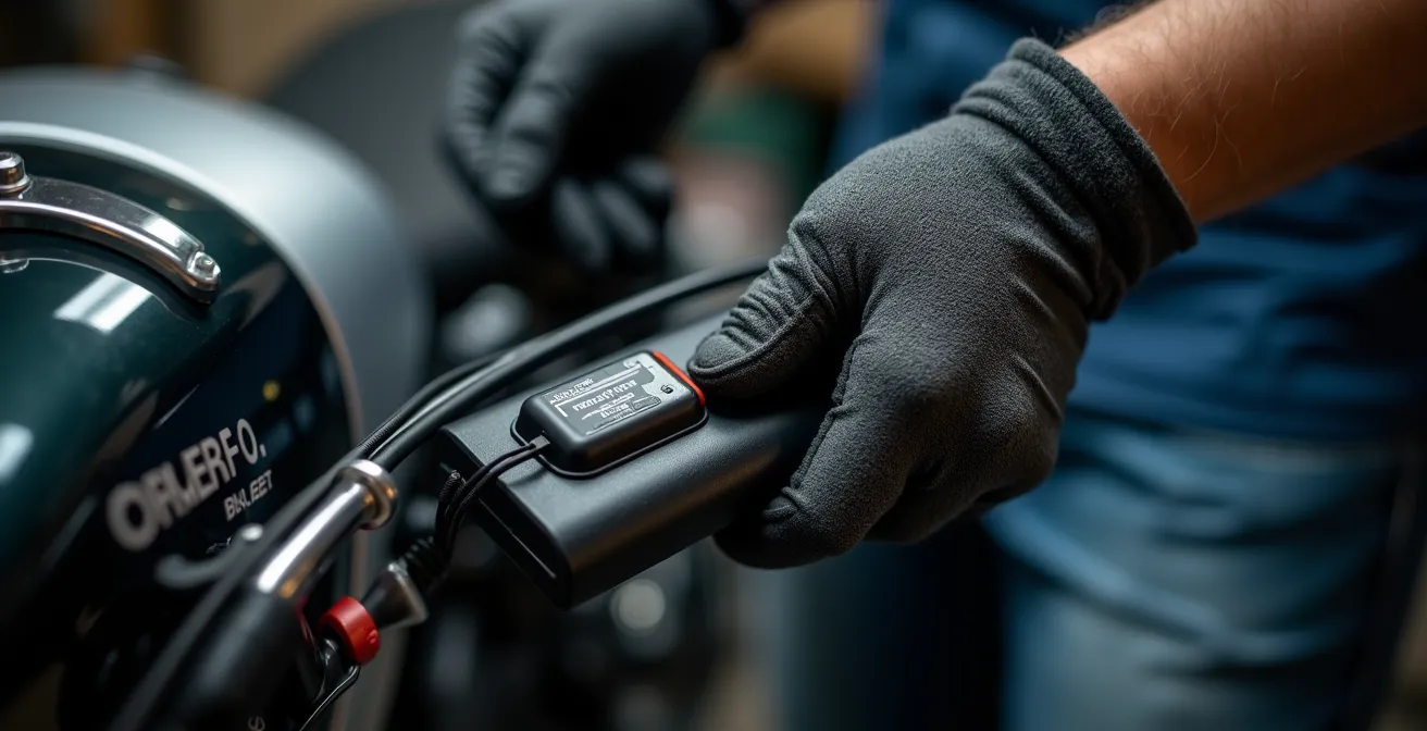 Makroaufnahme einer GPS-Tracker-Installation unter Motorradsitzbank