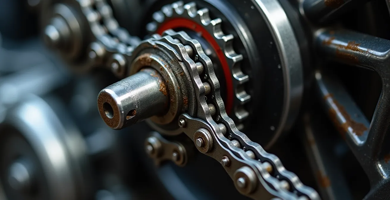 Makroaufnahme einer Motorrad-Steuerkette während der Wartung, die die Komplexität moderner Motoren zeigt.