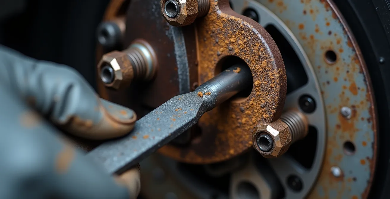 Detailaufnahme einer mechanischen Inspektion am Motorrad mit Fokus auf kritische Komponenten