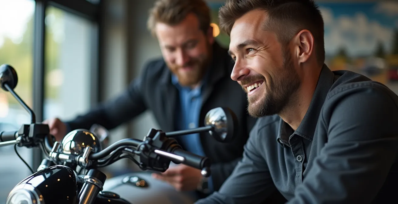 Käufer betrachtet emotional ein glänzendes Motorrad während Experte kritisch Details prüft