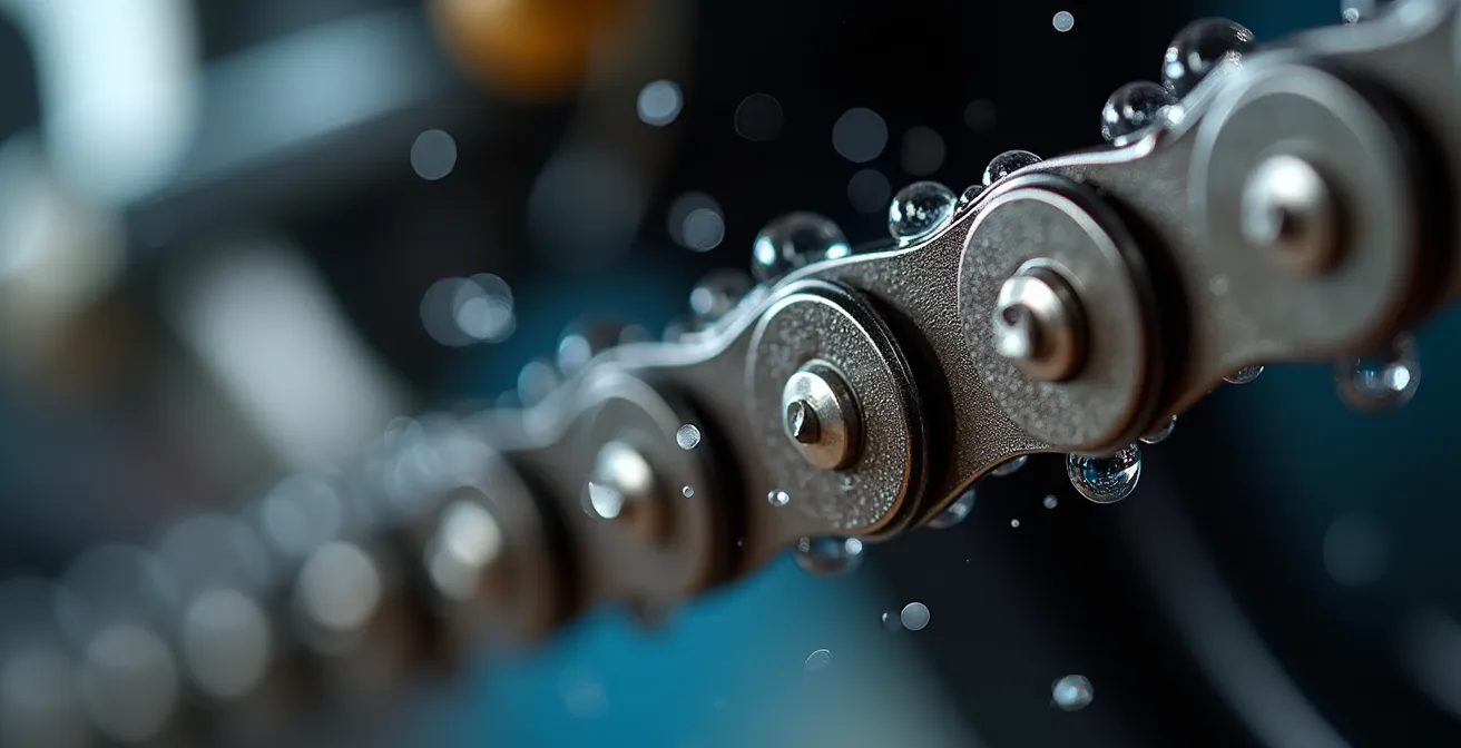 Detailaufnahme professioneller Motorrad-Kettenpflege nach Alpenfahrt