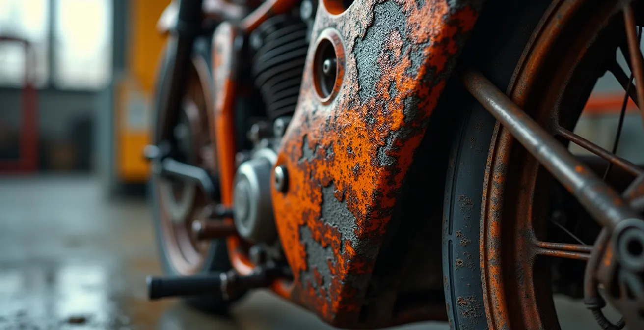 Nahaufnahme kritischer Rahmenschäden und Korrosion an einem Motorrad