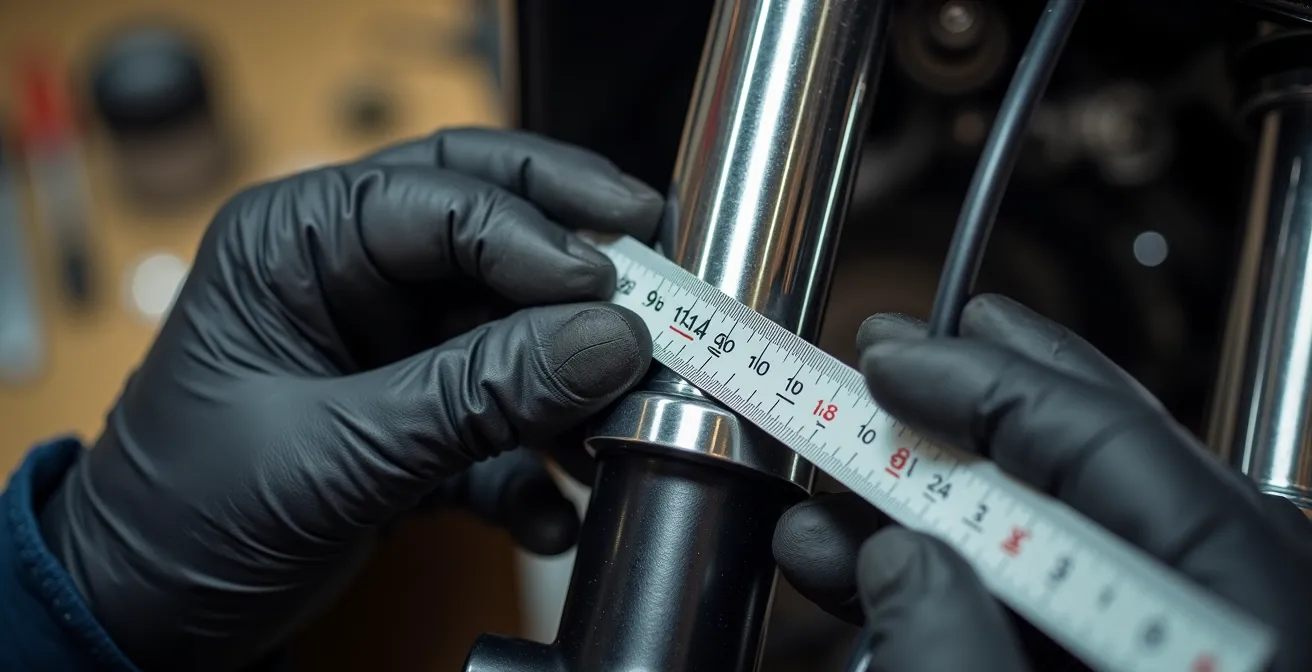 Nahaufnahme der Messung des Negativfederwegs an einer Motorradgabel mit Kabelbinder-Methode