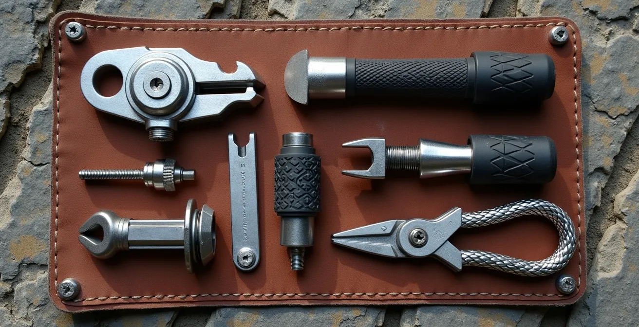 Professionell arrangiertes Motorrad-Notfallwerkzeug auf Ledermatte in den Schweizer Alpen