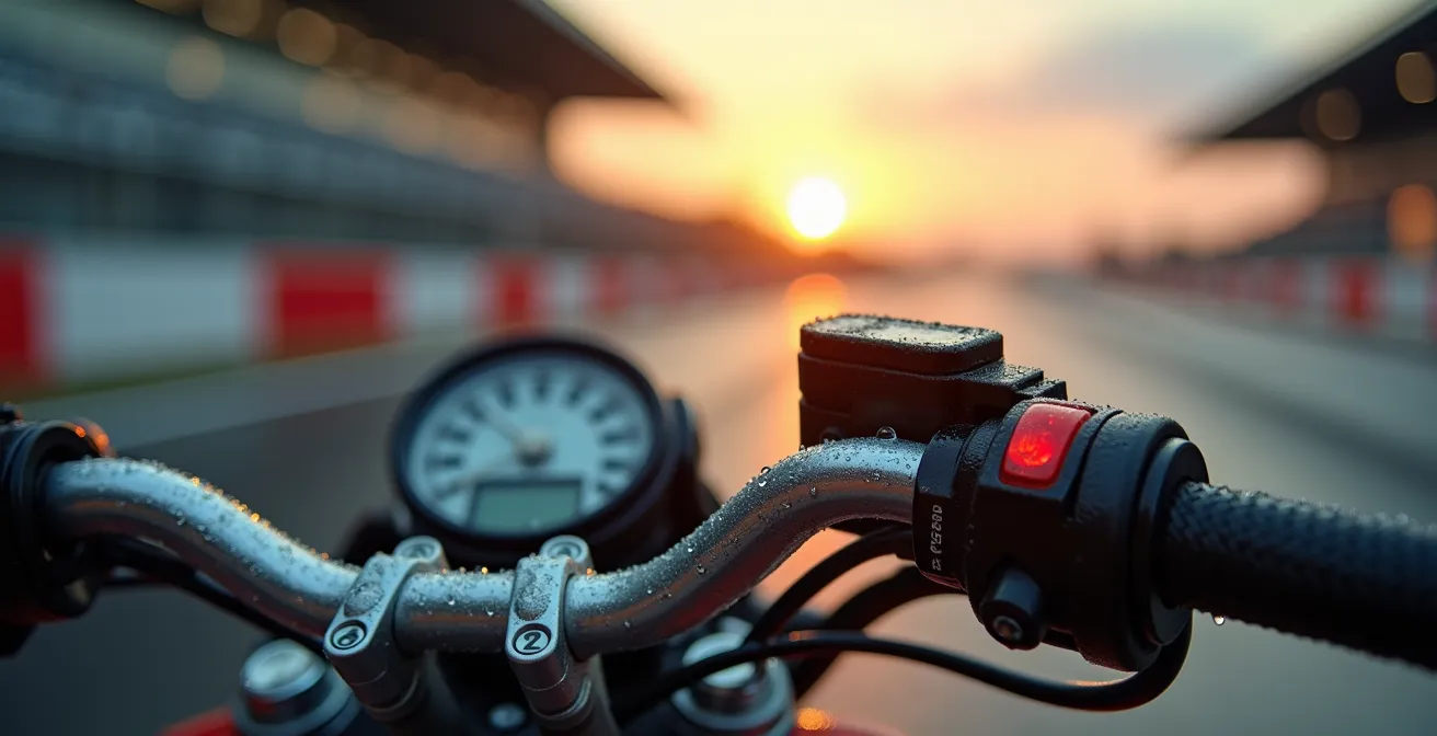 Motorradparkplatz an einer Rennstrecke im Morgennebel