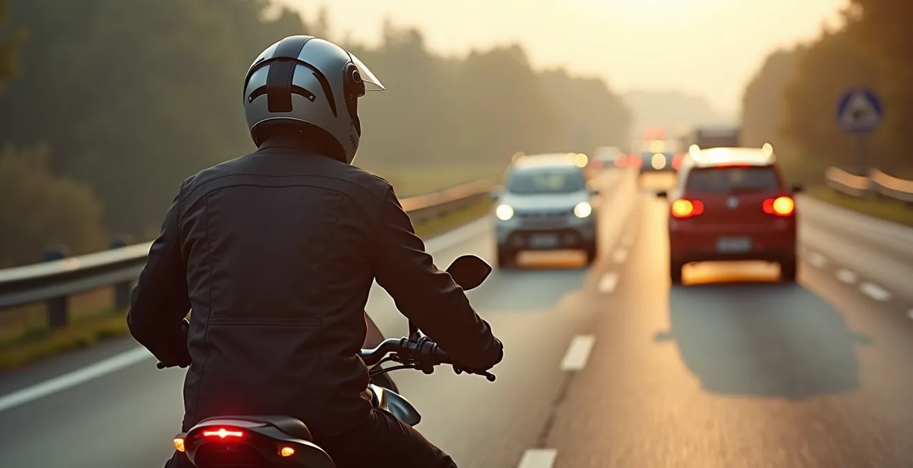 Weitwinkelaufnahme eines Motorradfahrers im morgendlichen Pendelverkehr auf Schweizer Autobahn