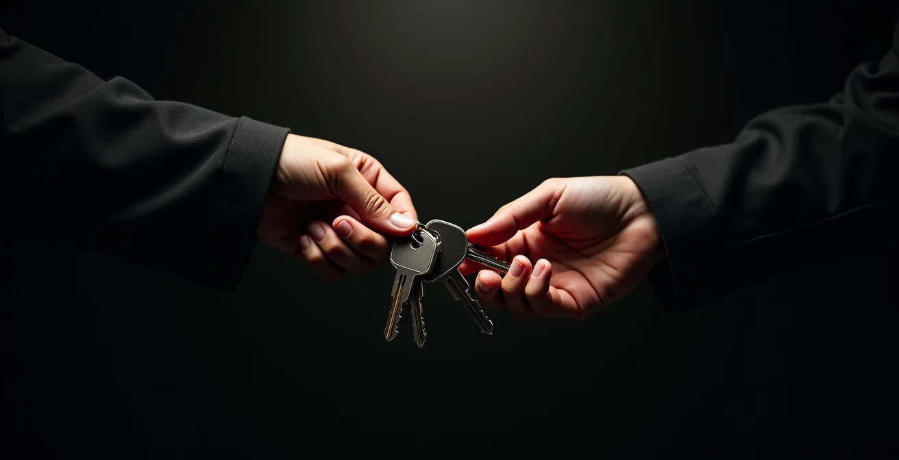 Zwei Hände bei der Übergabe von Motorradschlüsseln, was die Übertragung von Verantwortung symbolisiert.