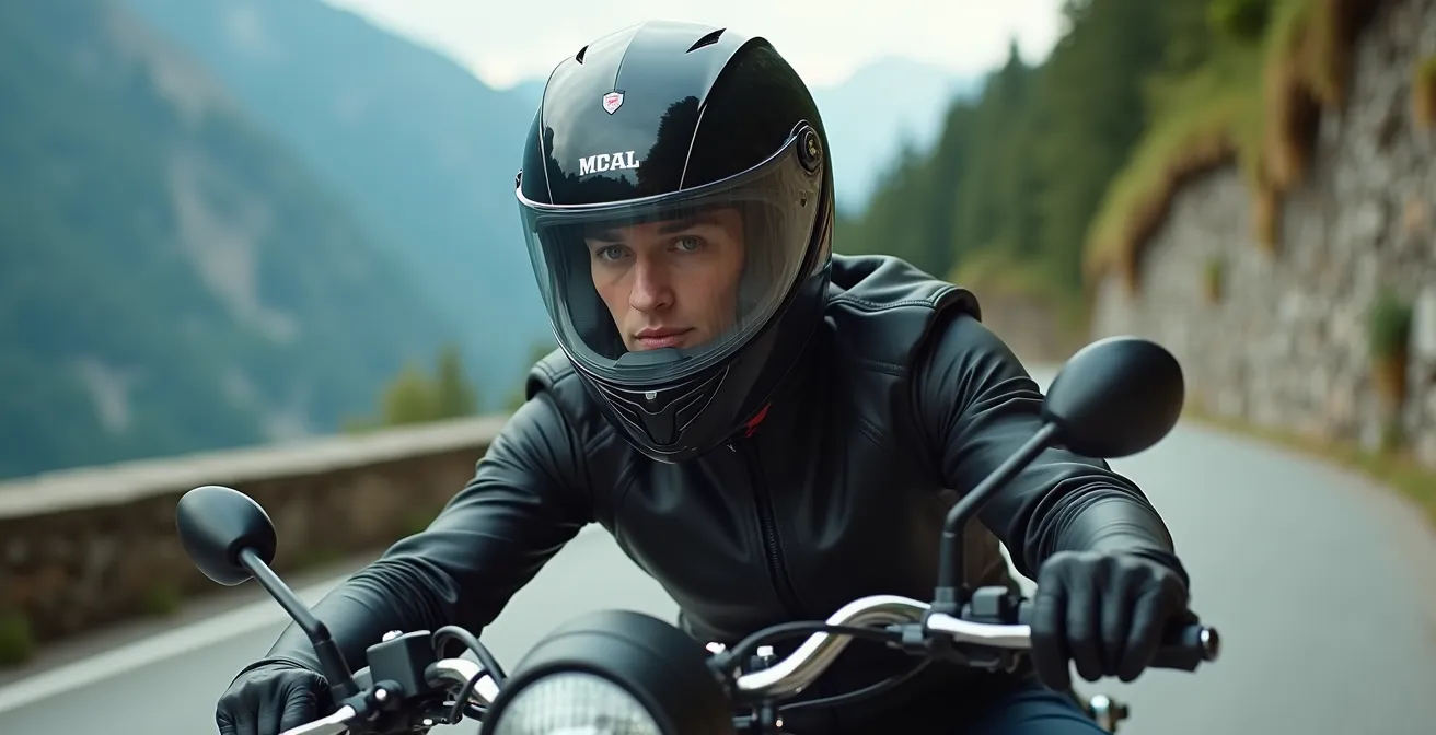 Motorradfahrer korrigiert Schräglage in enger Schweizer Alpenkehre