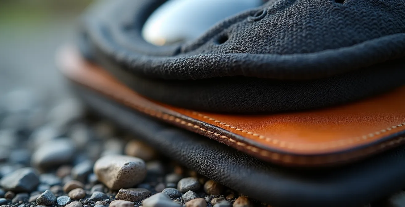 Detailansicht der vier Schutzschichten beim Motorradfahren, die das Zwiebelprinzip illustrieren.