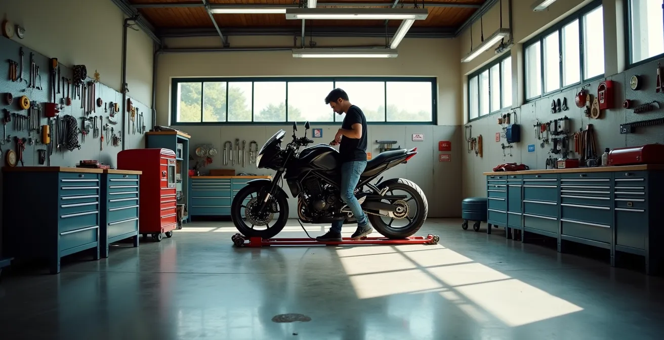 Hobbyschrauber in einer Schweizer Selbsthilfewerkstatt beim Kettenwechsel