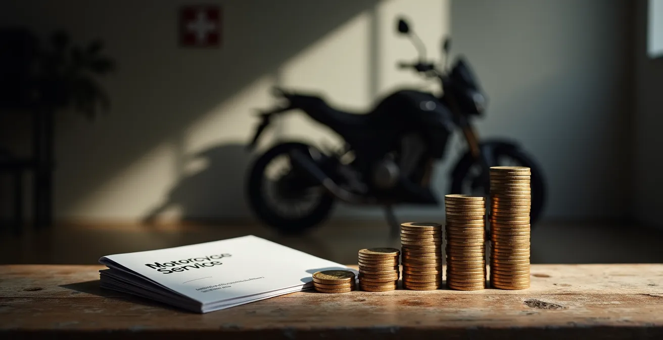 Symbolische Darstellung eines Motorrad-Servicehefts und dem Wertverlust mit Schweizer Franken Münzen