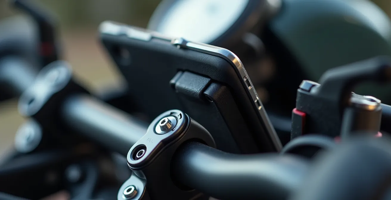 Makroaufnahme einer Smartphone-Halterung am Motorradlenker