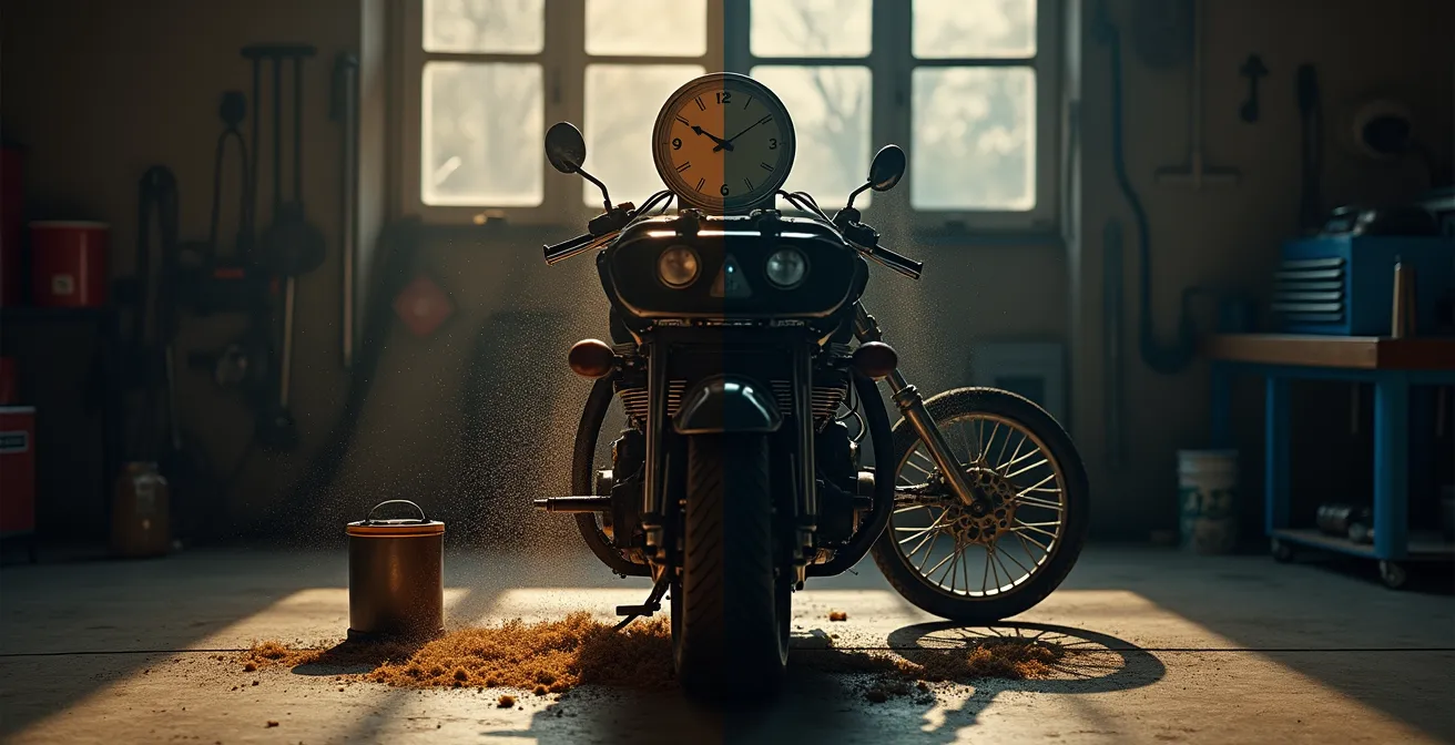 Motorrad in Garage während Winterpause mit Fokus auf Motorblock