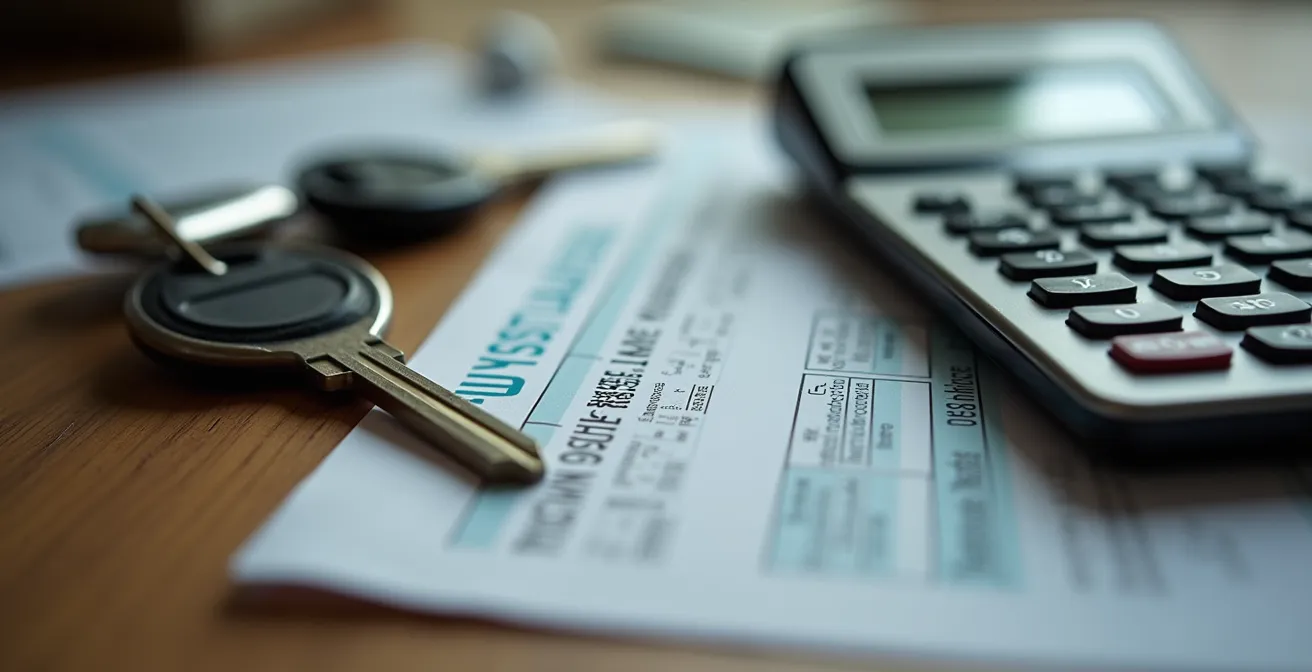 Detailaufnahme von Versicherungsunterlagen mit Taschenrechner auf Holztisch