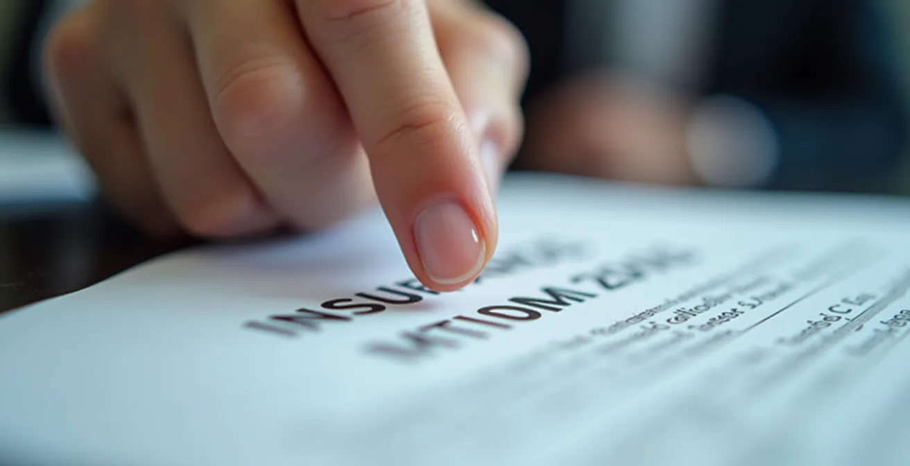 Detailaufnahme einer Hand, die auf Versicherungsunterlagen zeigt und die Deckungssummen prüft.