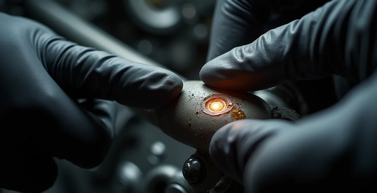 Makroaufnahme eines versteckten Haarrisses im Motorradrahmen bei professioneller Untersuchung