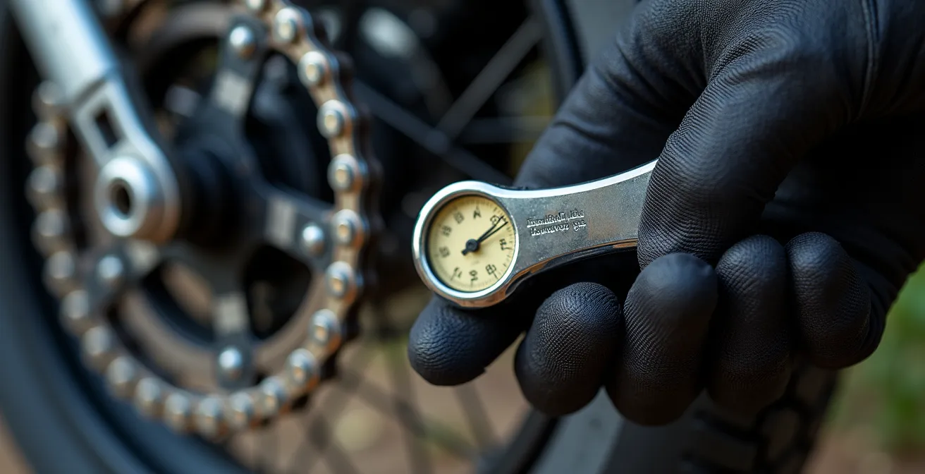 Makroaufnahme Motorradkette mit Werkzeug bei Wartung