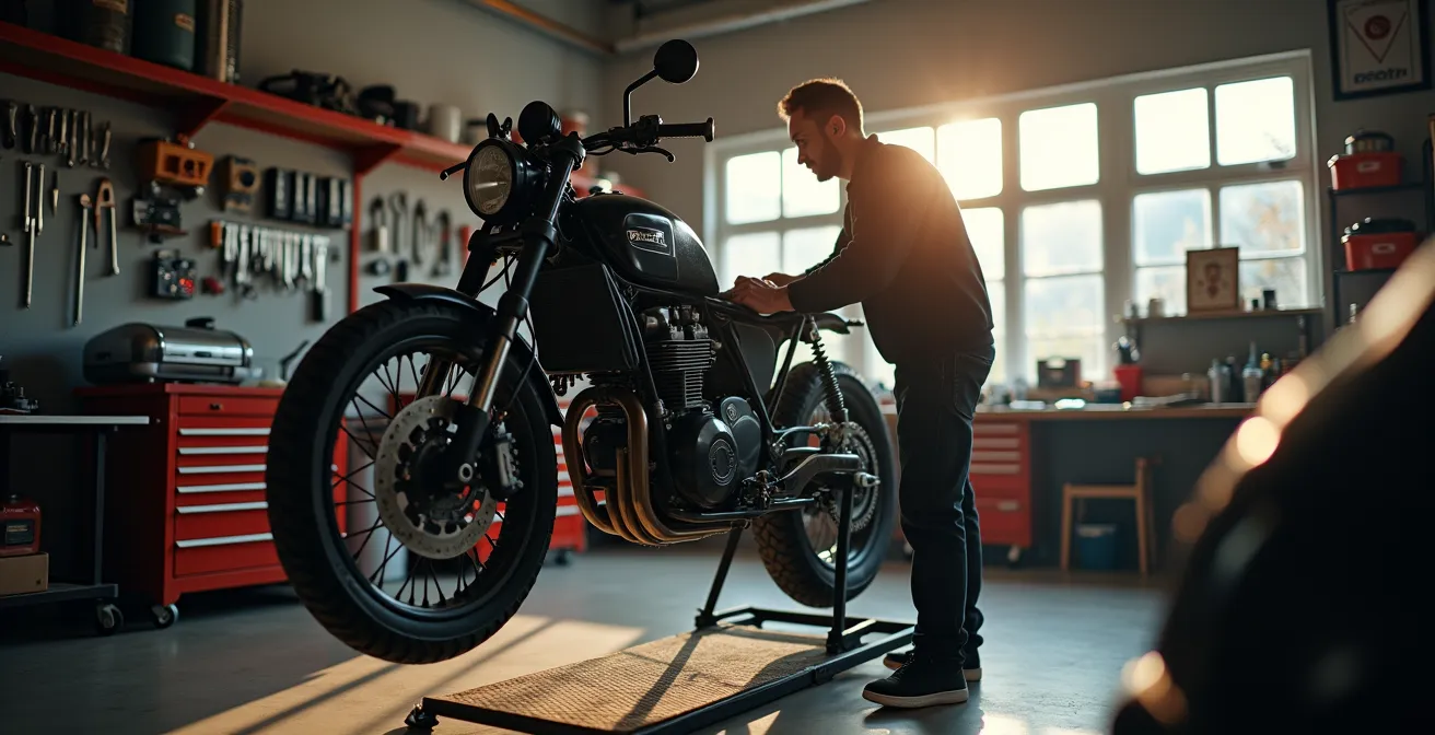 Motorradwerkstatt in der Schweiz mit Mechaniker bei Servicearbeiten