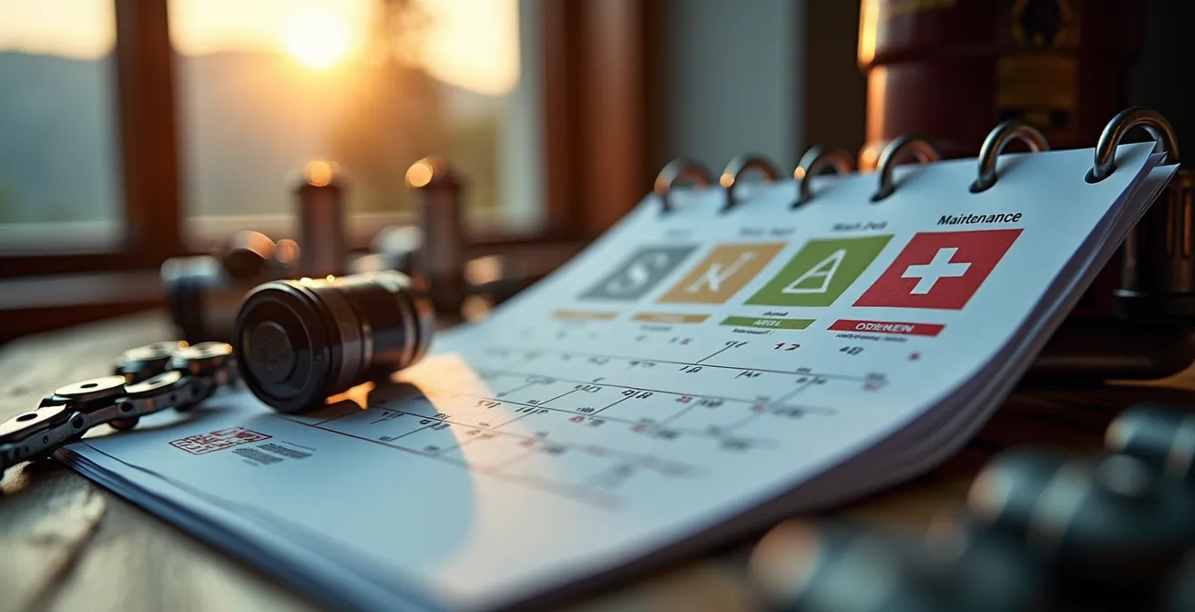Detailaufnahme eines Wartungskalenders mit Motorradteilen und Schweizer Bergpanorama im Hintergrund