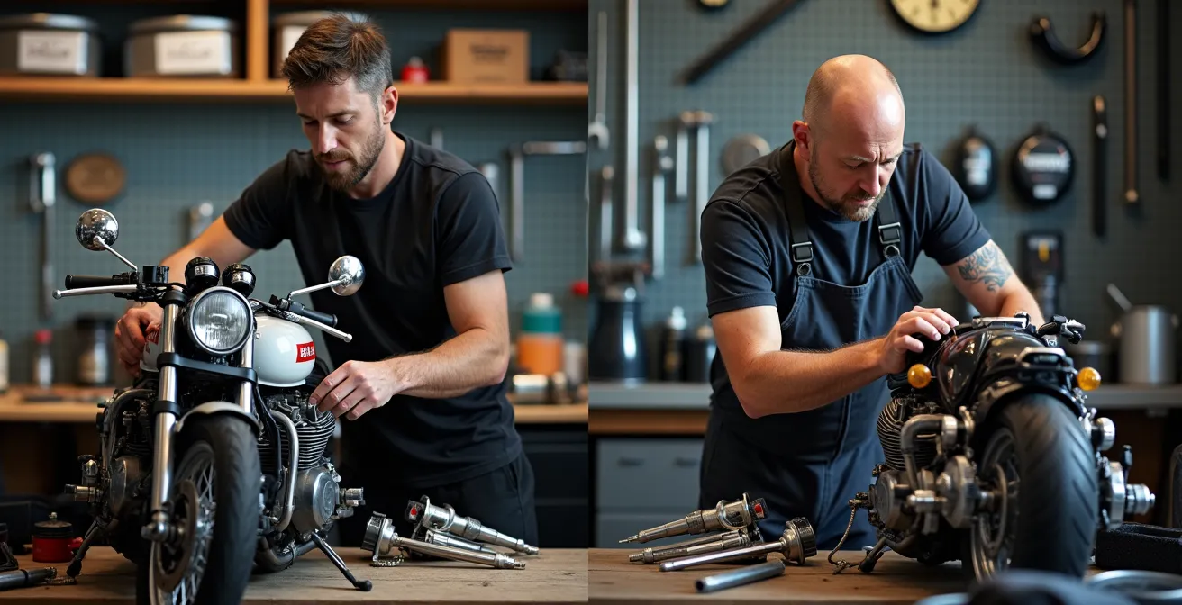 Ein Mechaniker arbeitet entspannt an einem einfachen Naked Bike, während er neben einer komplexen Sportmaschine mit vielen demontierten Teilen überfordert wirkt.