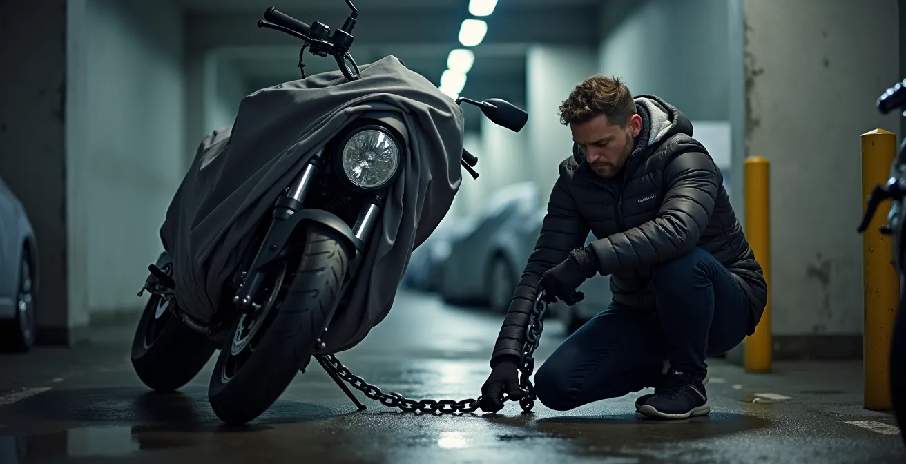 Motorrad in Tiefgarage mit Sicherheitskette und Winterabdeckung