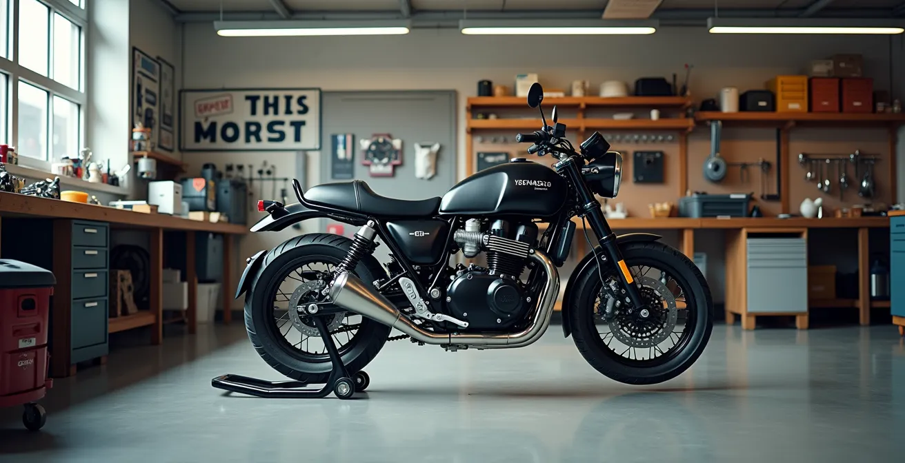 Weitwinkelaufnahme einer Motorradwerkstatt mit urbanem Zubehör und Anpassungskomponenten