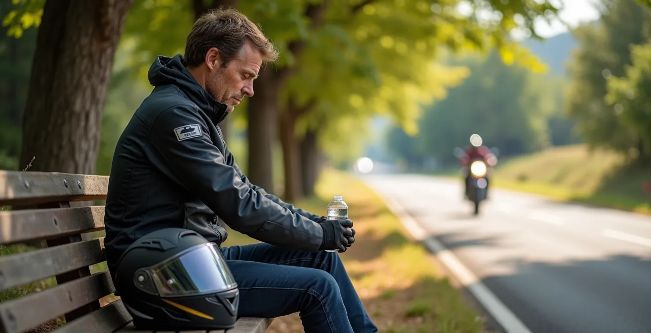 Ein erschöpfter Motorradfahrer macht eine Pause im Schatten, Anzeichen von Hitzestress sind sichtbar